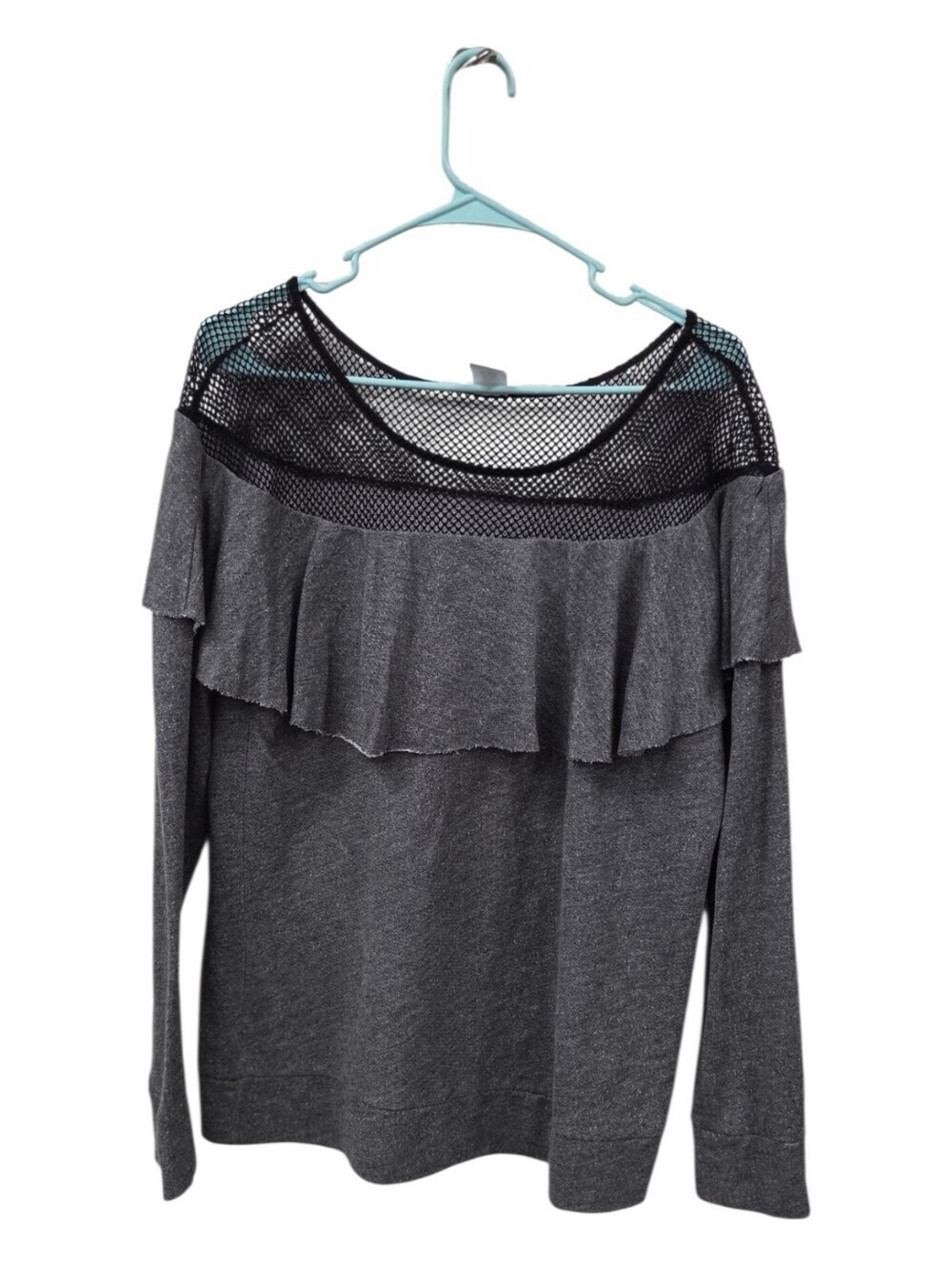 Livi Active Lane Bryant Charcoal Gray Fishnet Mesh Yoke Ruffle Sweatshirt 14/16